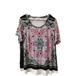 Rose‎ & Olive Blouse Womens 2X Pink Black Pattern Sheer Hem Lagenlook